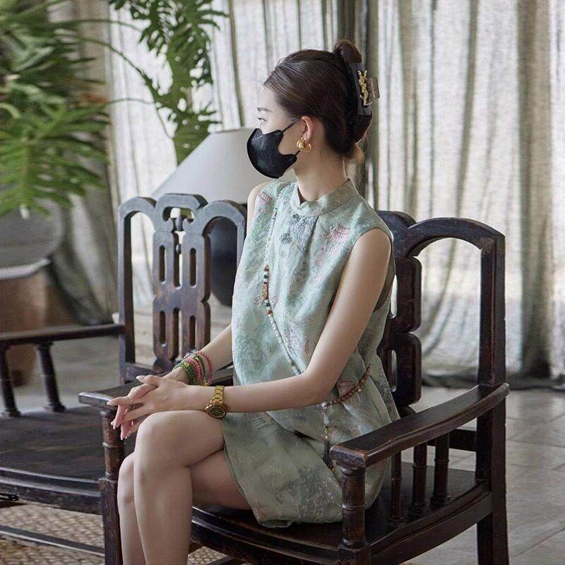 改良新中式国风名媛旗袍连衣裙夏季女装刺绣气质绿色无袖背心裙