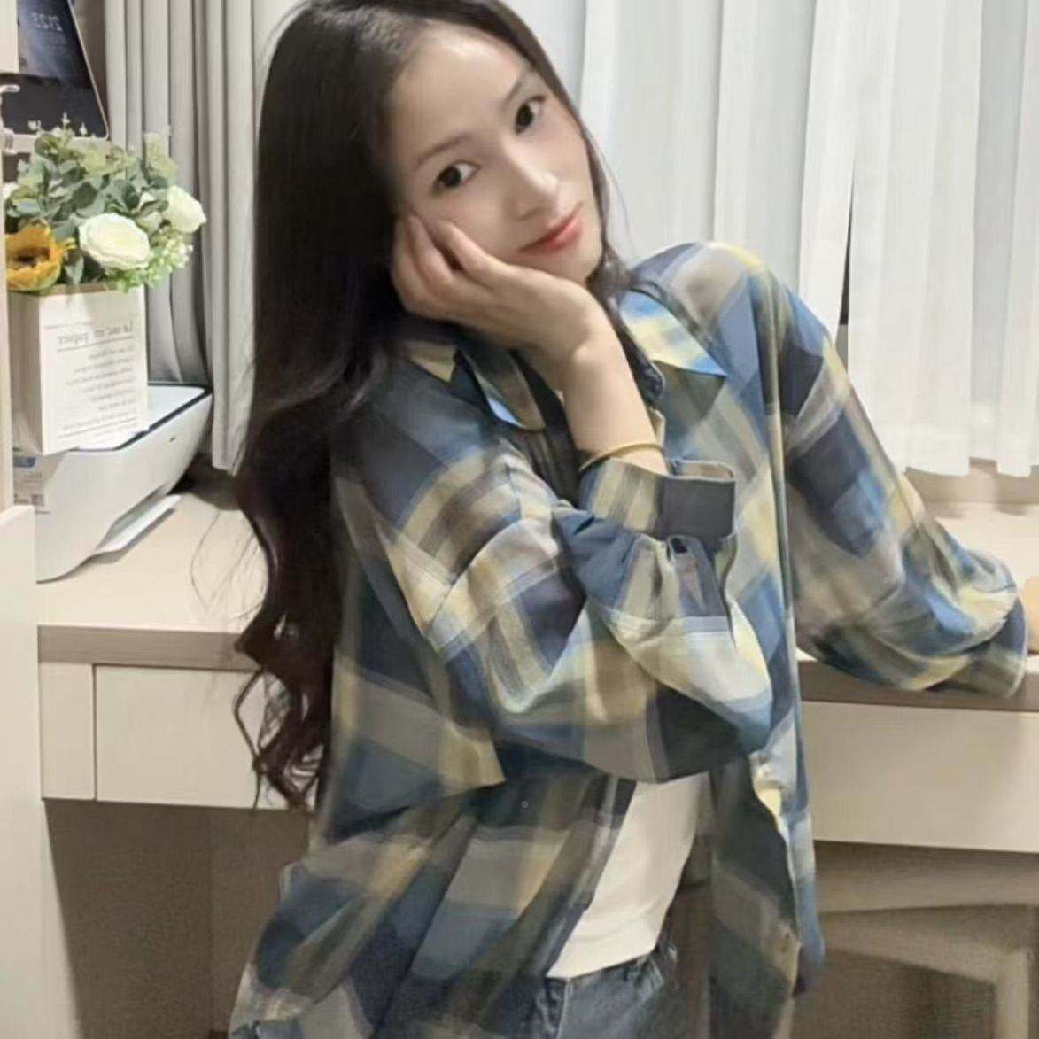 夏季外搭上衣女开衫透气格子雪纺衬衫2026新款长袖薄款上衣外穿女