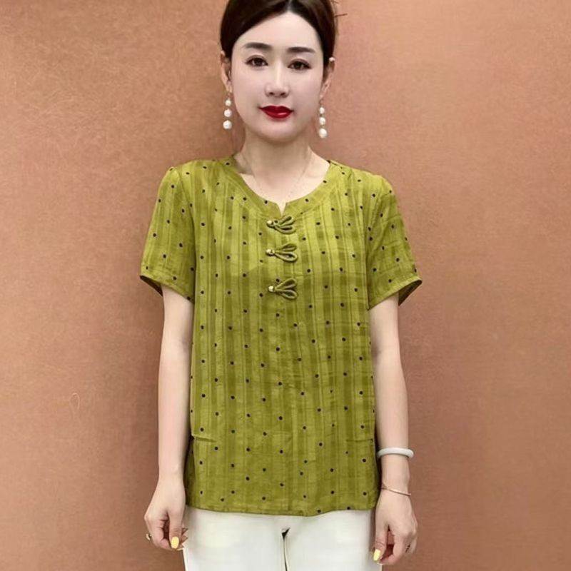 复古盘扣短袖小衫妈妈装夏季套头T桖2026新款大码透气短款上衣