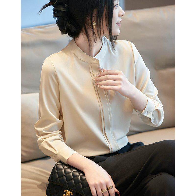 重磅新款春夏高档真丝衬衫女长袖叠穿时尚立领白色职业桑蚕丝衬衣