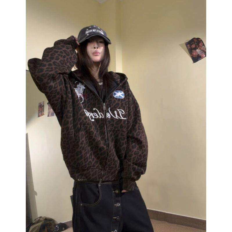 美式豹纹刺绣连帽卫衣女春秋冬加绒宽松boxy开衫薄款外套