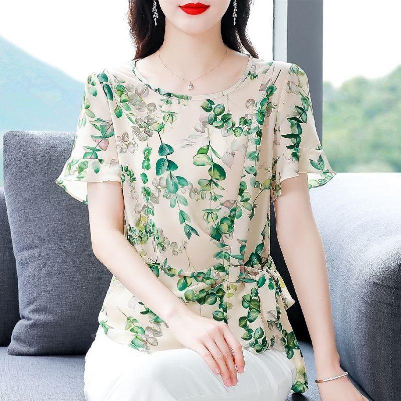 2025新款夏装年轻妈妈宽松遮肚雪纺衫女短袖别致漂亮收腰碎花上衣
