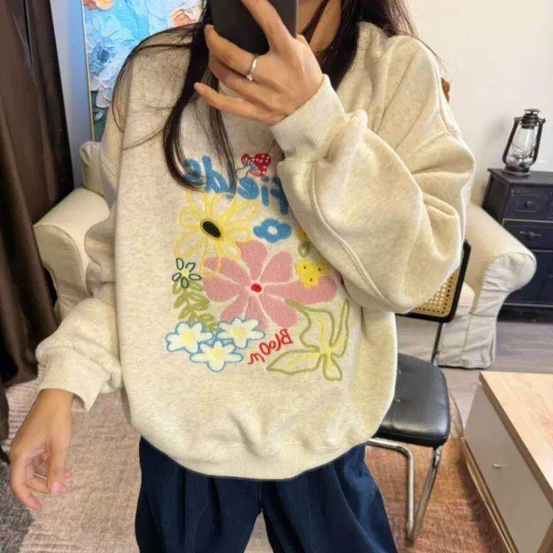 韩系甜美毛巾绣花朵重磅圆领卫衣女男秋冬季新款宽松百搭减龄上衣
