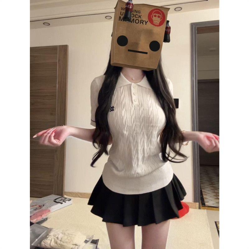 美式韩版复古针织短袖polo衫女夏季白色正肩t恤修身显瘦减龄上衣