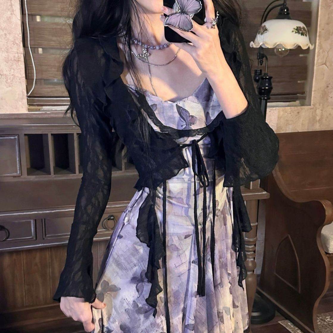 法式复古蝴蝶碎花吊带不规则网纱仙女连衣裙蕾丝防晒开衫两件套装