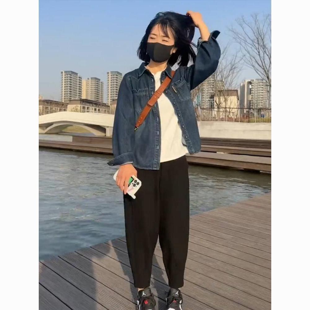 复古做旧加绒牛仔衬衫女春秋冬季新款宽松休闲百搭小个子衬衣外套