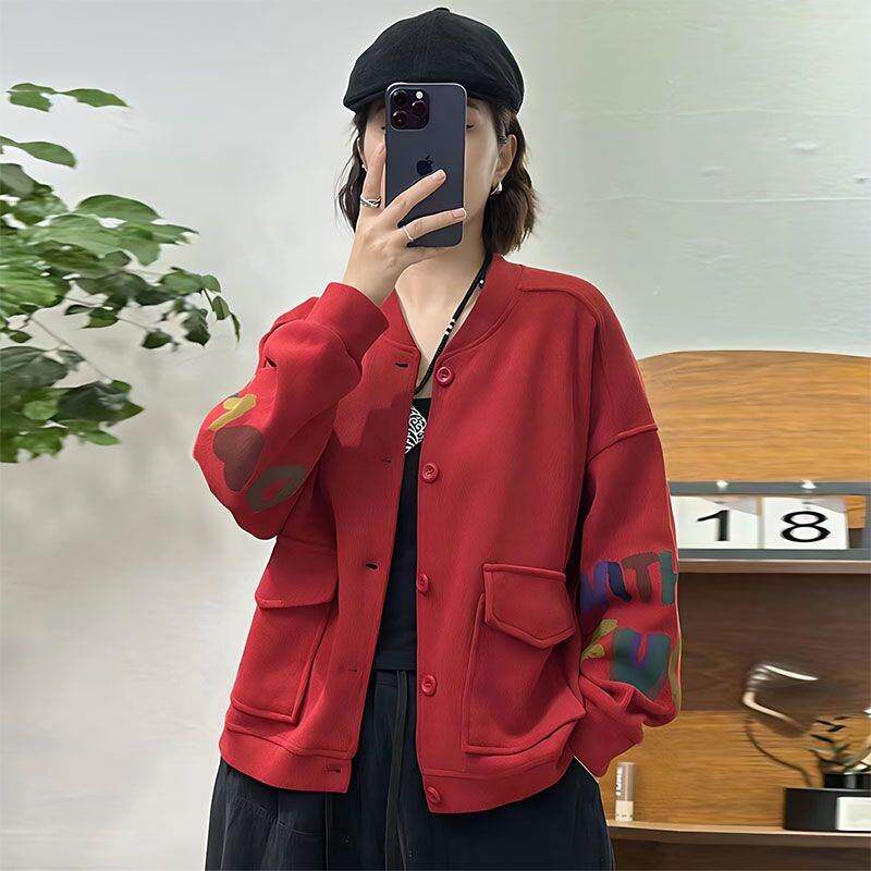 棉棒球服长袖开衫外套女2026春秋新款宽松大码女装胖mm外穿上衣