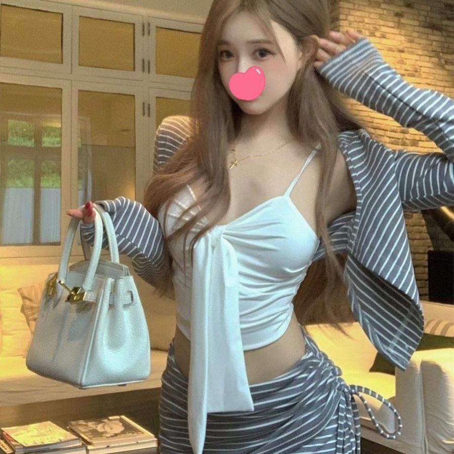 韩系慵懒风条纹显瘦辣妹三件套女装小众设计感吊带开衫半身裙套装