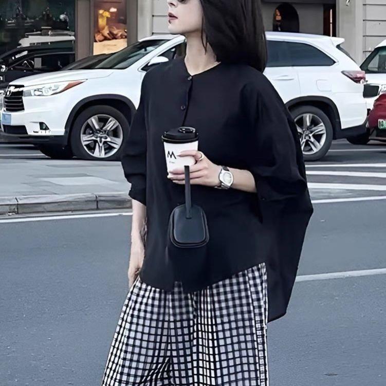 法式高级感黑色衬衣五分袖衬衫女2026新款夏季宽松防晒开衫上衣女