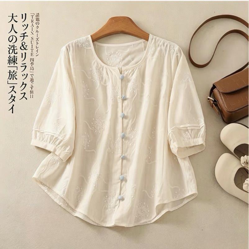 100棉绣花夏季小众百搭圆领白色七分袖衬衫上衣设计感刺绣薄款