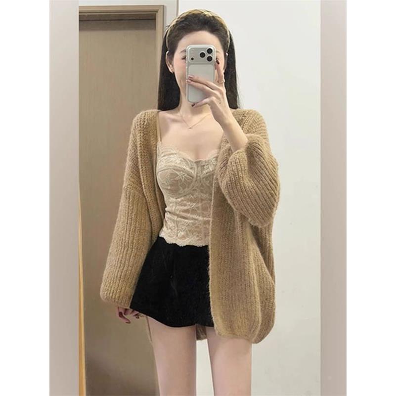 韩版宽松慵懒风卡其色针织开衫女秋冬软糯加厚毛衣外套休闲上衣