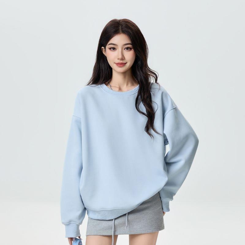 秋冬季新款纯色复古卫衣女简约宽松百搭套头打底情侣圆领长袖上衣