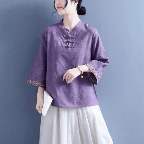 棉麻提花刺绣喇叭袖衬衫女2026春夏款中国风复古盘扣子民族风上衣