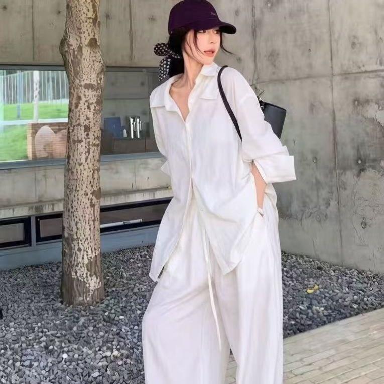 2026气质黑色衬衫领套装松弛感黑色套装女秋季休闲阔腿裤子两件套