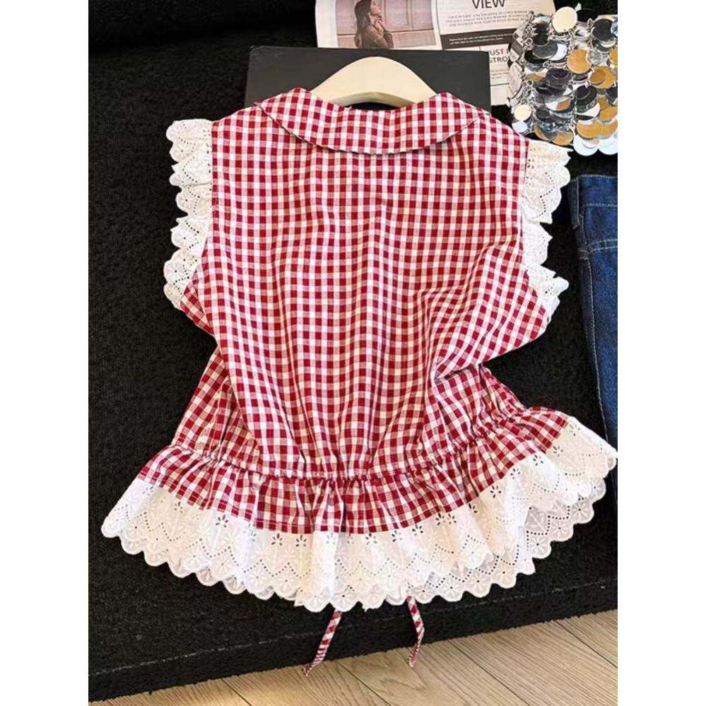 红色格子抽褶裙摆无袖衬衫女夏季减龄文艺范蕾丝花边小飞袖娃娃衫