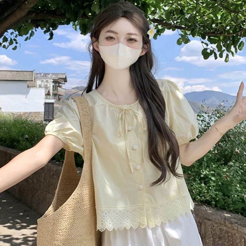 黄色泡泡袖新品小个子上衣女夏季独特漂亮娃娃衫T恤衬衫女外穿