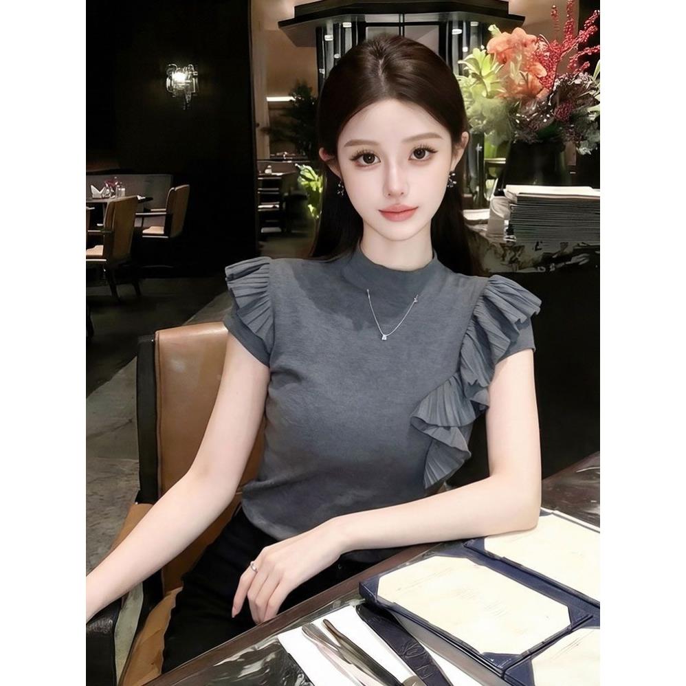 小个子灰色正肩短袖针织t恤女夏季独特漂亮设计感荷叶边短款上衣