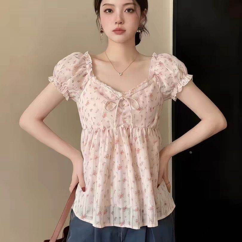 大码夏季法式漂亮收腰小衫碎花雪纺衬衫女胖mm显瘦遮肚子短袖上衣
