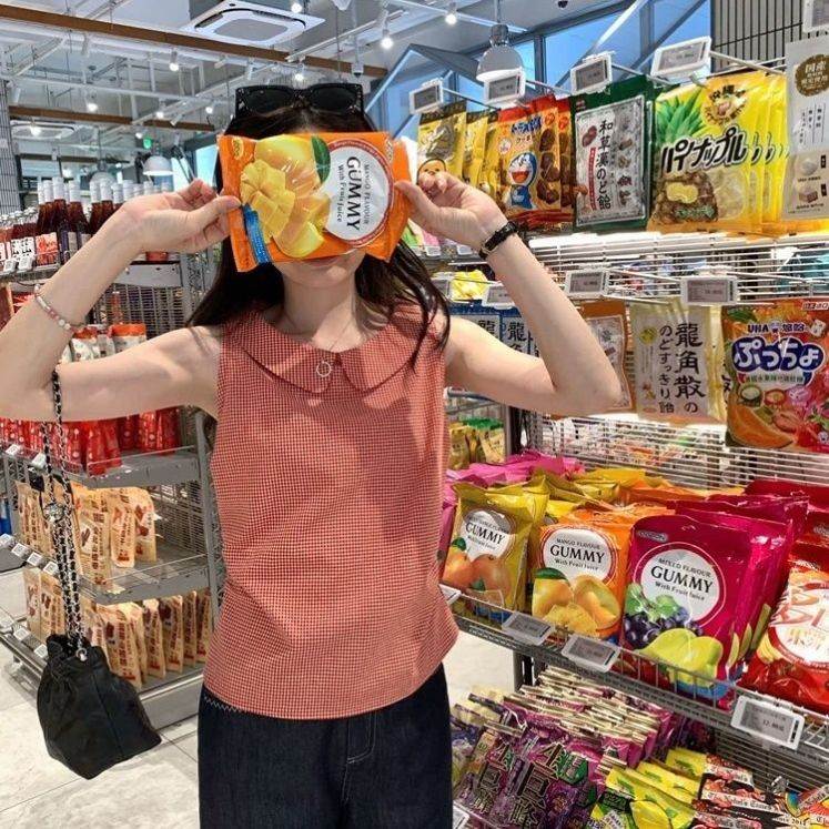 小个子超仙夏季设计感显白格子娃娃领无袖衬衫复古减龄小衫上衣
