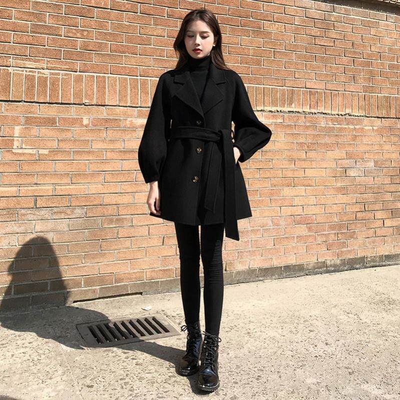 秋冬夹棉西装领毛呢外套女大码显瘦灯笼袖中长款小个子气质大衣女