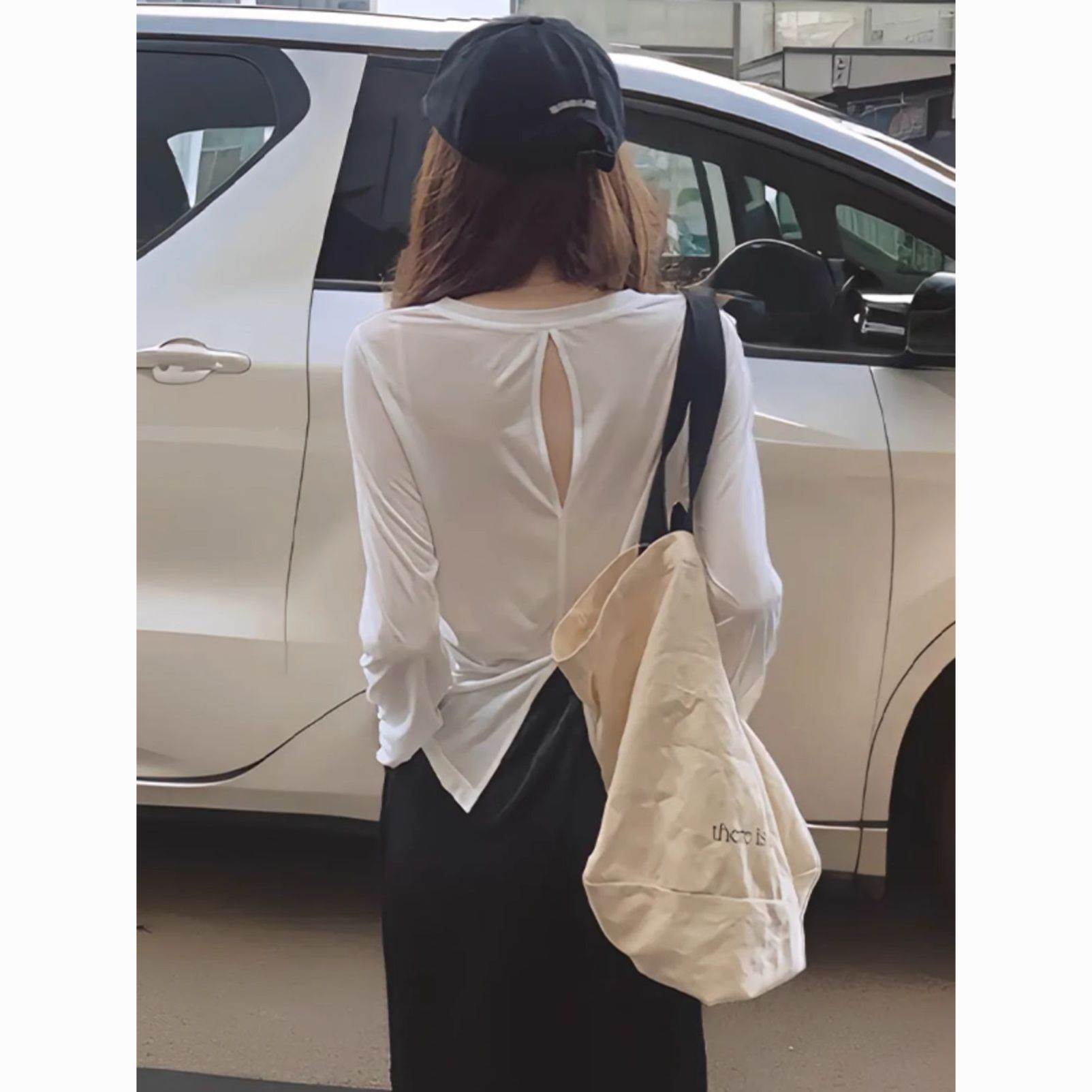 休闲后背镂空开叉长袖防晒T恤女夏褶皱露背白色薄款内搭上衣春秋