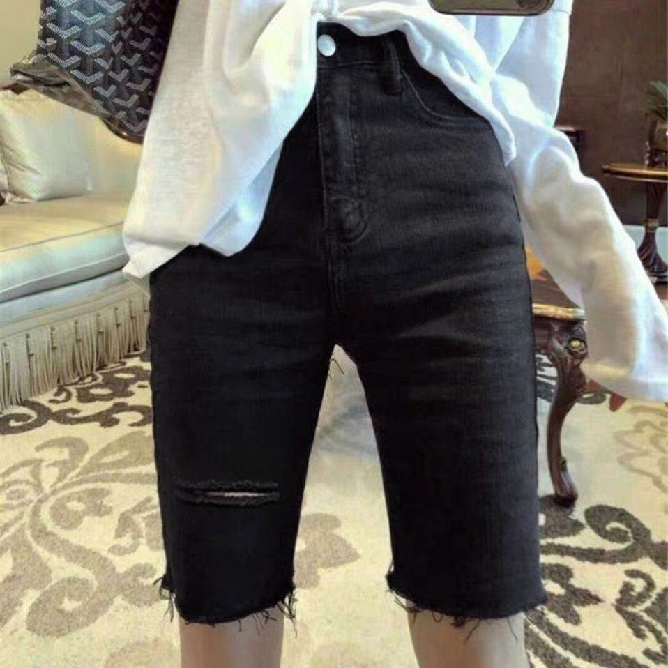 大码女裤夏天破洞高腰显瘦牛仔黑色女胖妹妹200斤骑行弹力五分裤