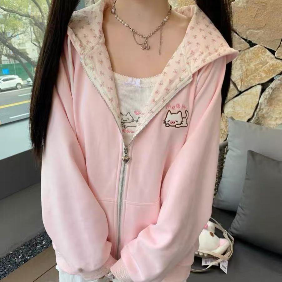 重磅粉色碎花日系猫咪连帽长袖卫衣女秋冬拉链开衫外套ins潮韩版