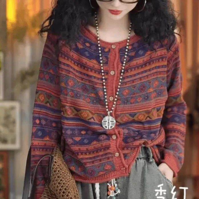 2024秋季新款复古民族风印花圆领针织开衫 女宽松显瘦长袖毛衣外