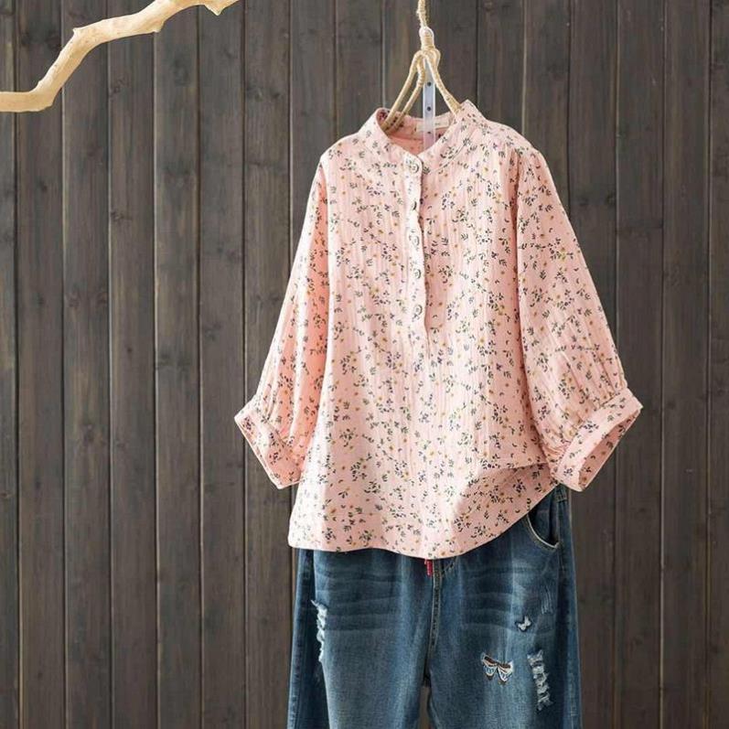 日系文艺小清新立领碎花宽松全棉双层棉纱衬衫女七分袖韩范上衣潮