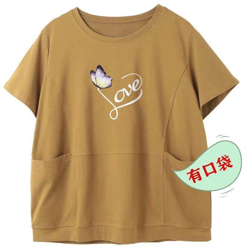 含棉短袖t恤女印花新款穿搭宽松洋气妈妈夏装胖人遮肚子上衣