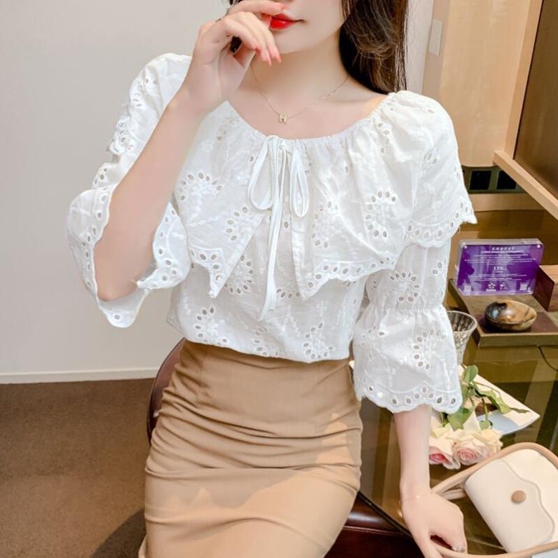 2026春夏季新款七分袖一字肩上衣女设计感荷叶边镂空蕾丝衬衫女