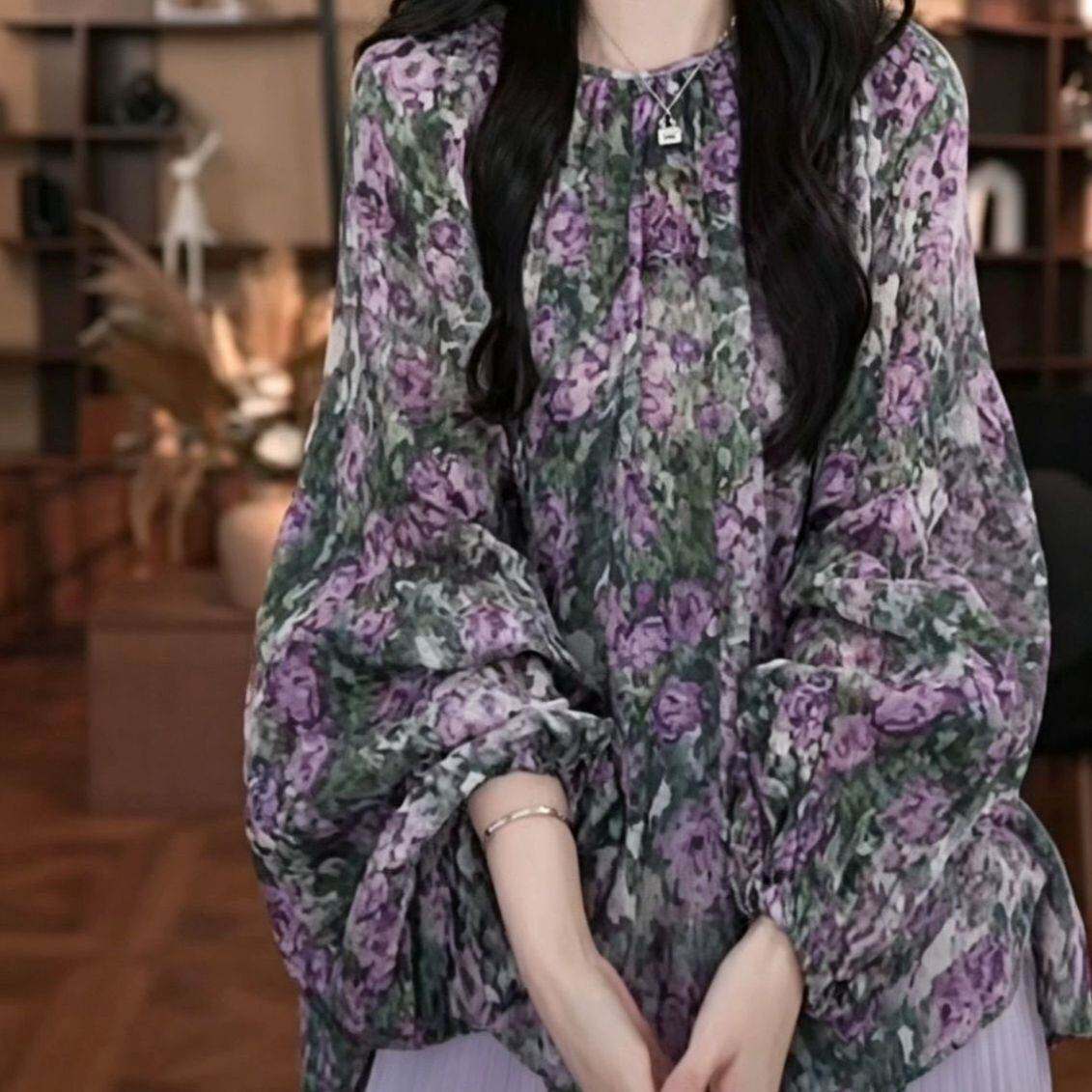 夏新款法式油画碎花女宽松灯笼袖遮肉上衣香芋紫沙纱半身裙两件套