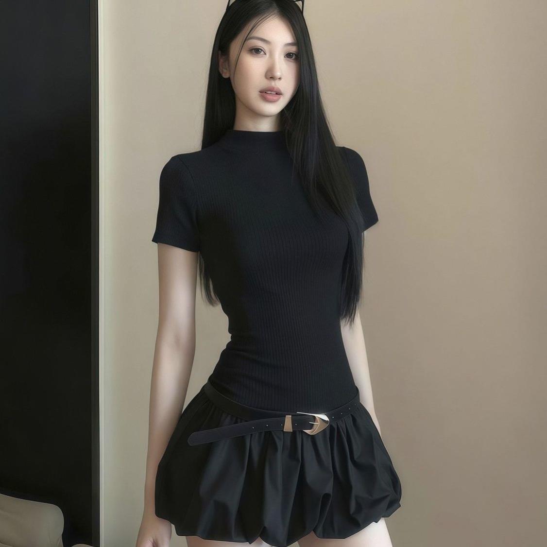 辣妹修身显瘦掐腰小黑裙子女夏季短款收腰黑色A字花苞蓬蓬连衣裙