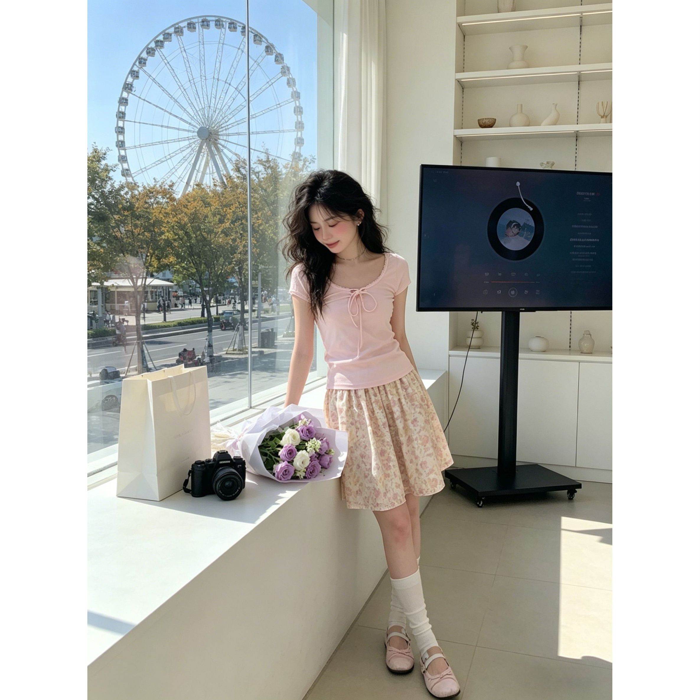 初夏独特绝美小套装女甜美风粉色系带短袖T恤碎花半身裙子两件套