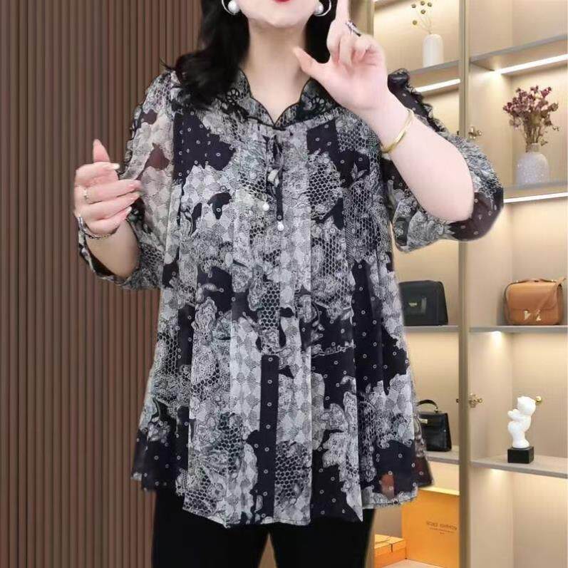 大码妈妈镂空雪纺碎花胖人女装高档小衫遮肉遮肚时尚宽松上衣