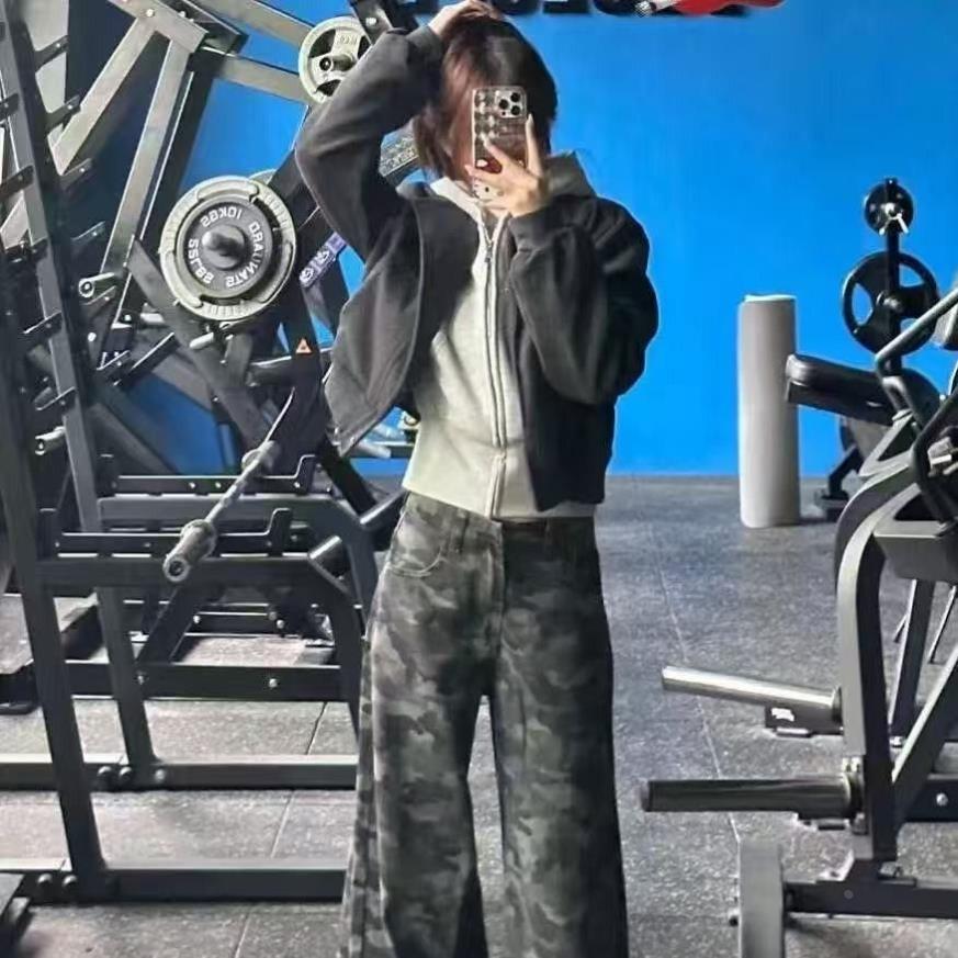 美式秋冬叠穿两件套高级短款夹克外套女灰色长袖连帽卫衣宽松上衣
