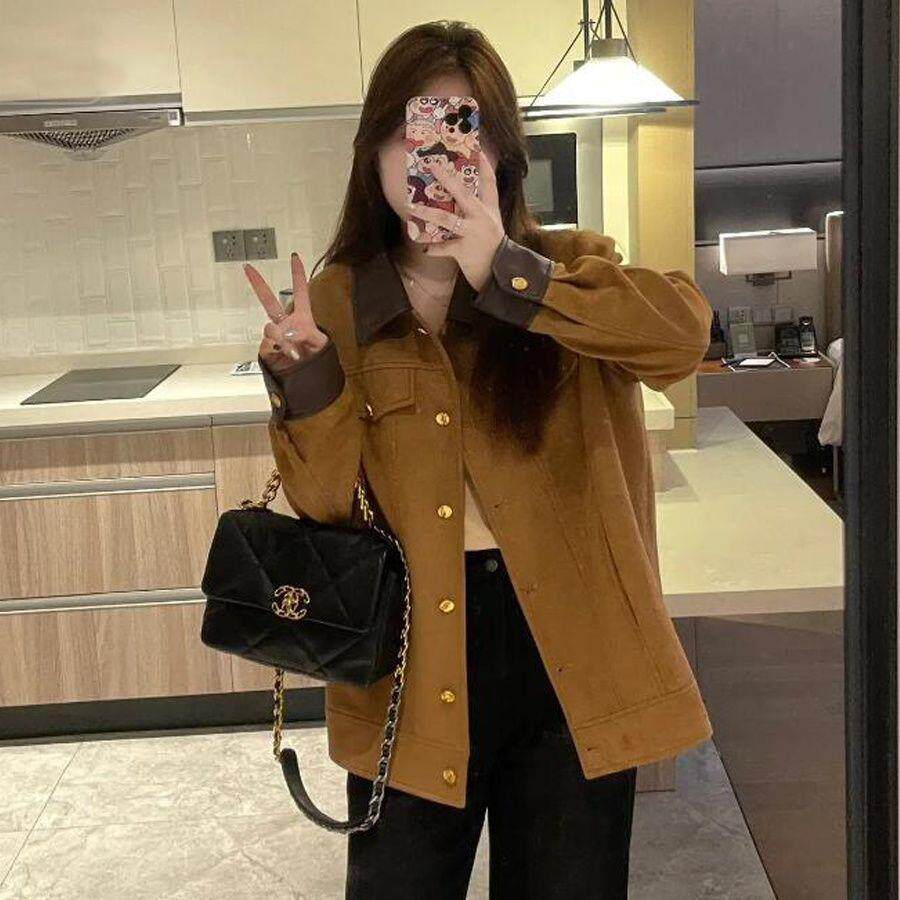 大码女装复古拼接撞色翻领仿鹿皮绒外套女秋冬胖mm高级开衫上衣