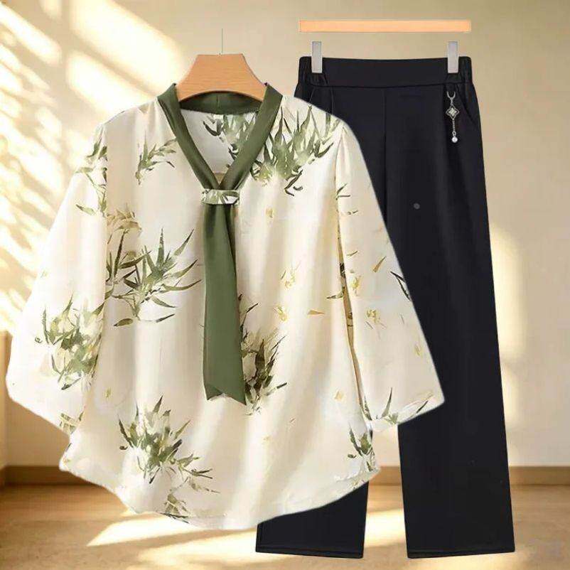 母亲节妈妈衣服印花雪纺衫套装大码宽松中老年女装两件套夏季短袖