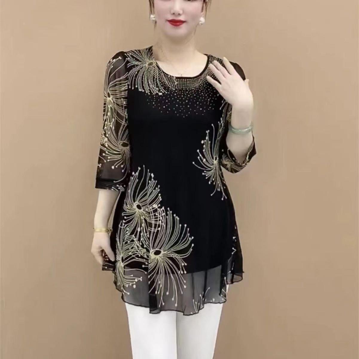 中老年妈妈装夏装新款大码遮肉显瘦中长款小衫女士七分袖上衣薄款