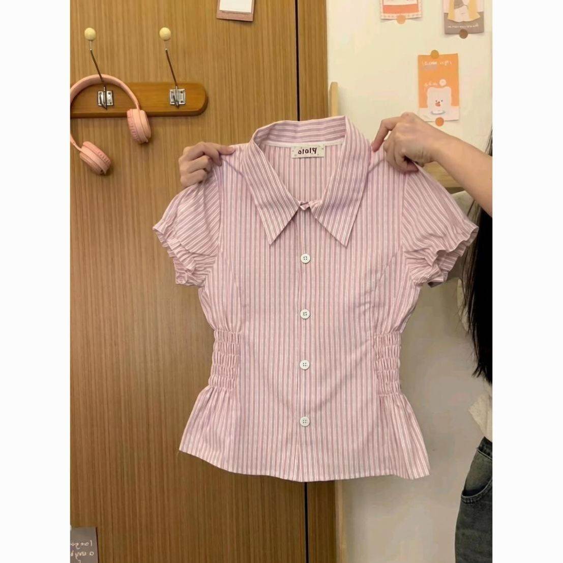 粉色条纹Polo领衬衫短袖女学院风甜美减龄收腰修身泡泡袖短款上衣