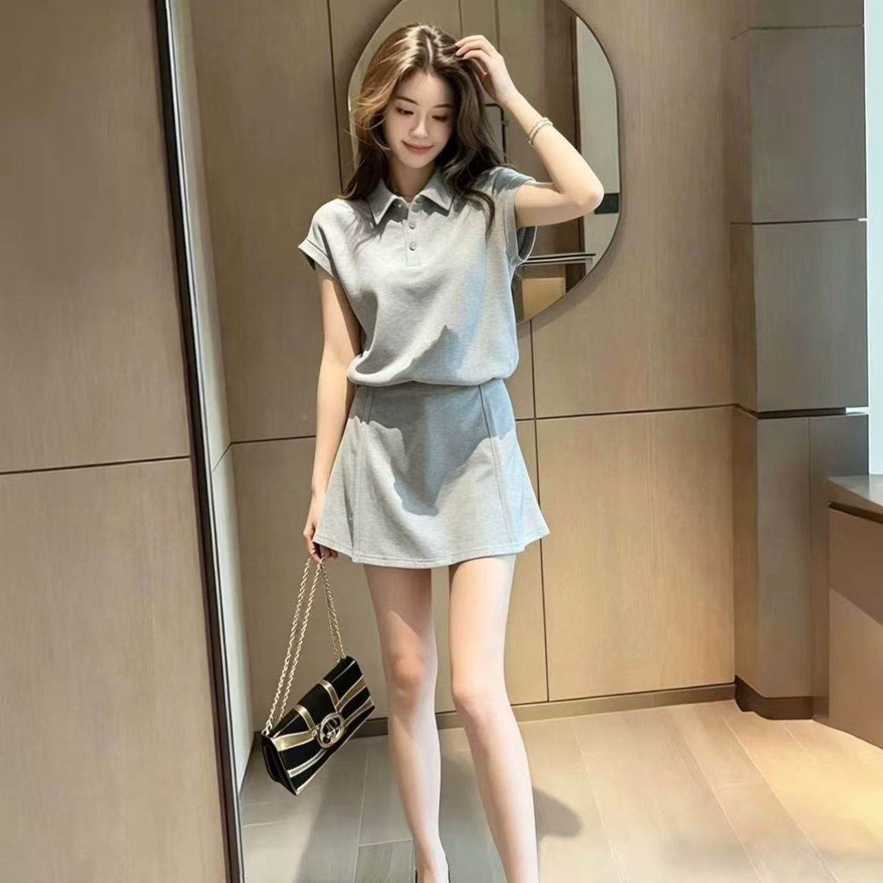 夏日独特漂亮套装裙子时尚休闲运动绝美黄色短袖半身短裙两件套女