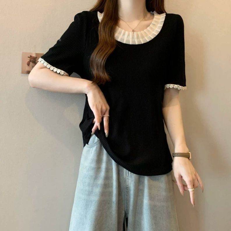90-300斤大码女装蕾丝花边短袖t恤宽松胖mm遮肚子显瘦别致ins上衣