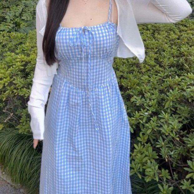 微胖格子抹胸法式女生夏季新款温柔风显瘦格子吊带连衣吊带裙长裙