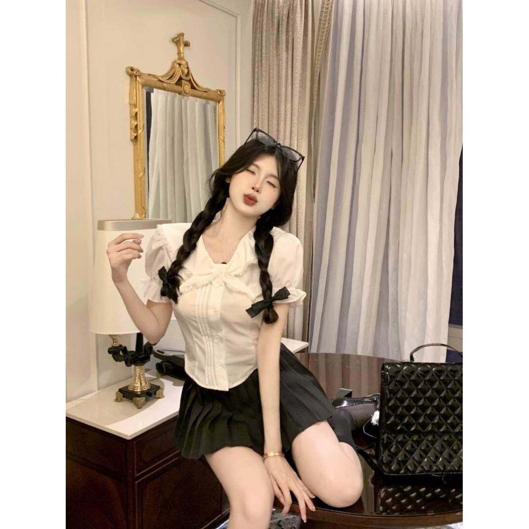 纯欲风娃娃领蝴蝶结白衬衫女夏季jk制服设计感小众短款小个子上衣