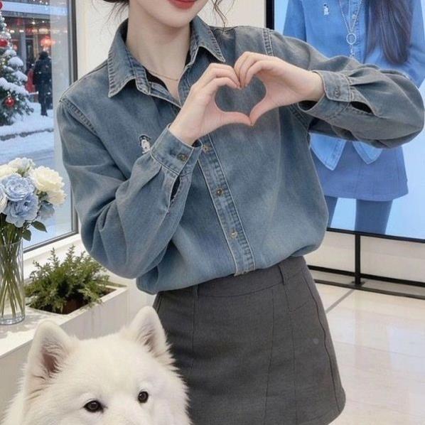 蓝色叠穿翻领加绒牛仔衬衫女2025冬季设计感时尚气质内搭显瘦衬衣
