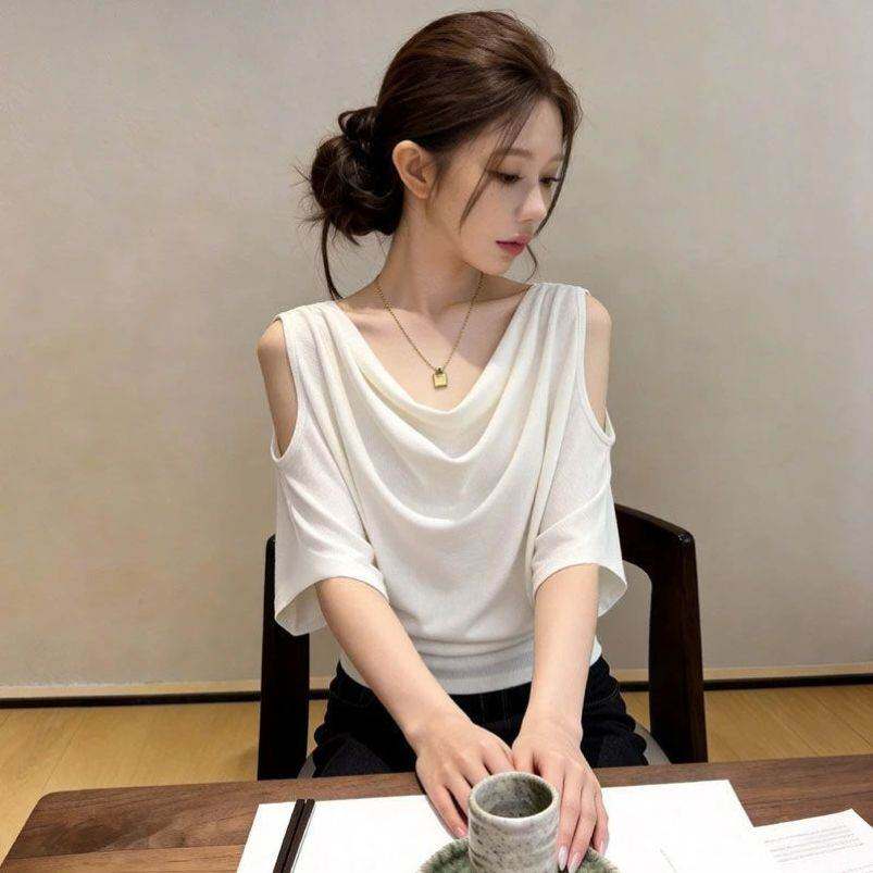 黑色露肩T恤夏季女装显瘦百搭堆堆领露肩短袖休闲气质纯色体恤
