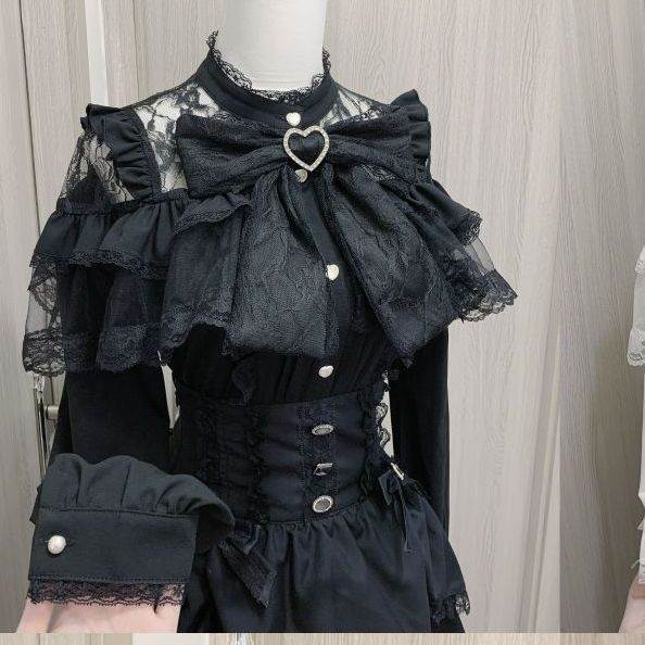 日系蕾服lolita蝴蝶结衬衣亚文化可爱纯色蕾丝长袖短袖衬衫