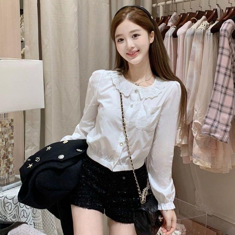 甜美系蕾丝荷叶边白色衬衫女2025秋季新款单排扣修身显瘦上衣