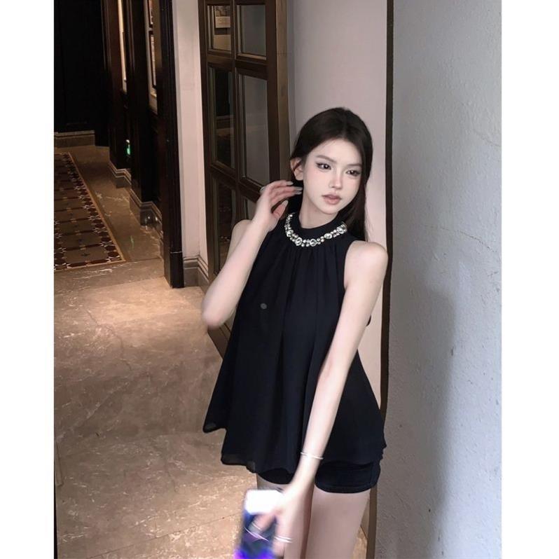 重工水钻无袖挂脖雪纺衫女装2024夏季新款高级感显瘦上衣小个子潮