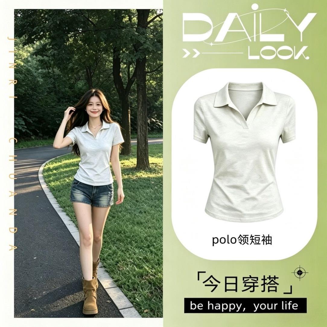 女生polo领T恤短袖浅白灰色夏季显瘦短款百搭上衣修身极简风
